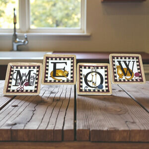 Lot 4 x Vtg 90's Linda Spivey MEOW Ceramic Cat Coasters Penny Lane Folk Art